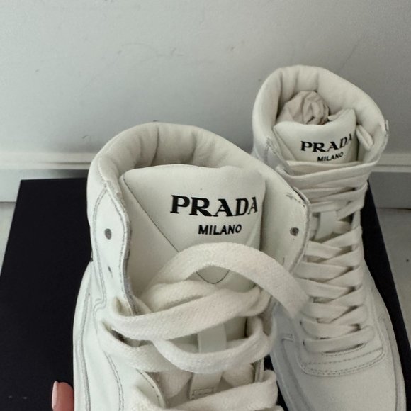 PRADA High Top Sneakers White Soft Leather Triangle Logo Lace up Men's 5.5 - Picture 3 of 11